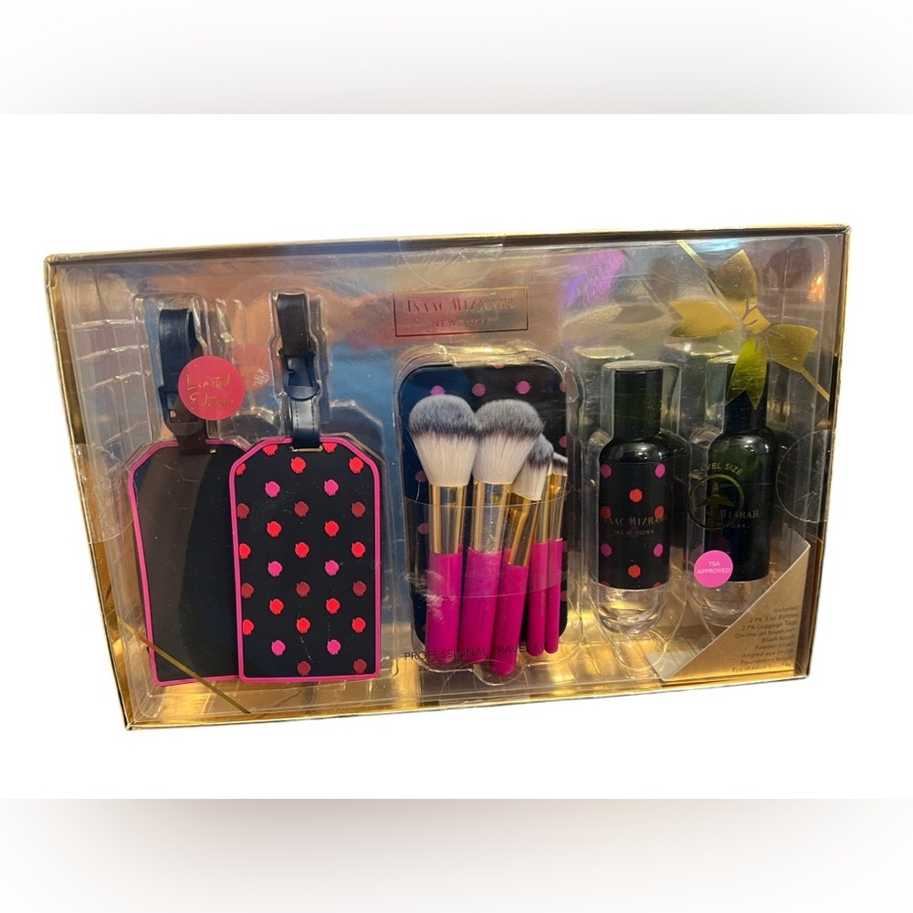 Isaac Mizrah New York Black Pink Luggage Tags Travel Bottles Makeup Brush Set - Picture 3 of 3